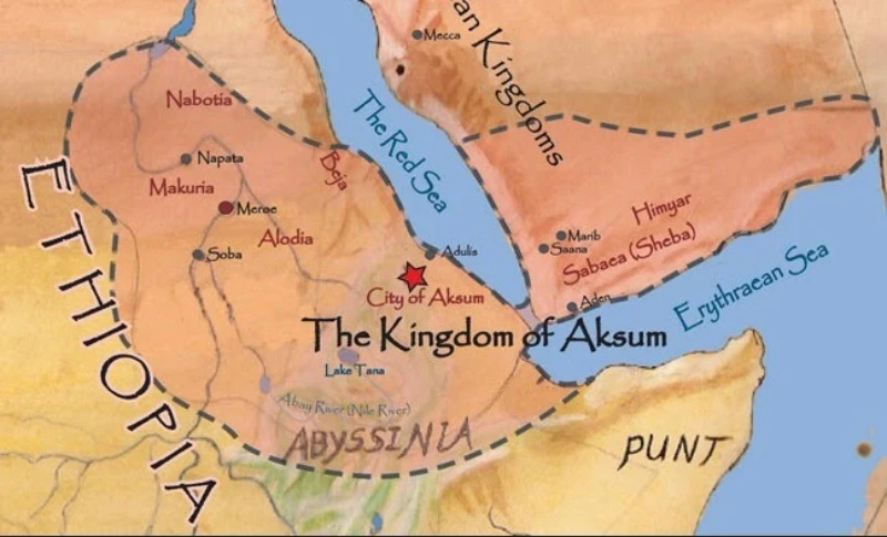 Historical map of the Kingdom of Aksum showing its reach across the Horn of Africa and southern Arabia