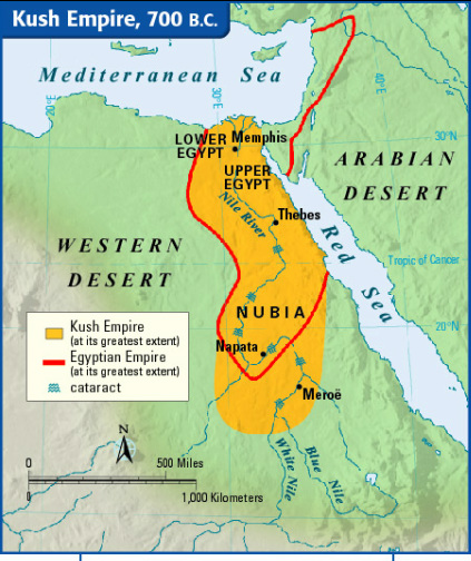 Historical map of the Kingdom of Kush at its greatest extent around 700 BC, showing Napata, Meroë, and Egyptian territory along the Nile