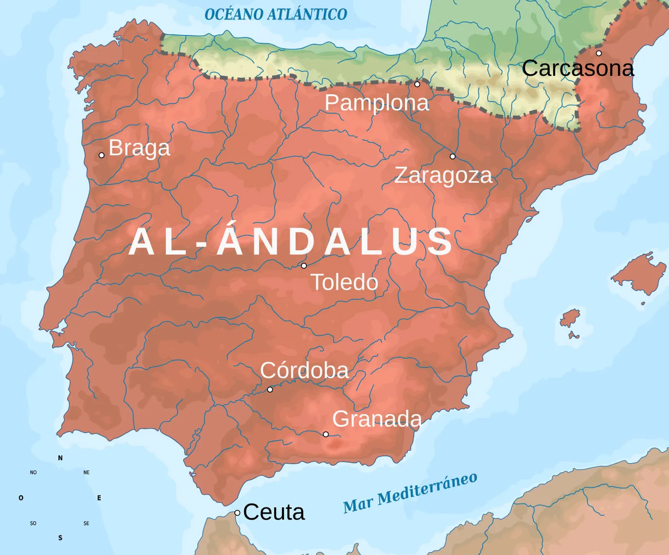 Historical map showing Al-Andalus covering most of the Iberian Peninsula, including Córdoba, Toledo, Zaragoza, and Granada