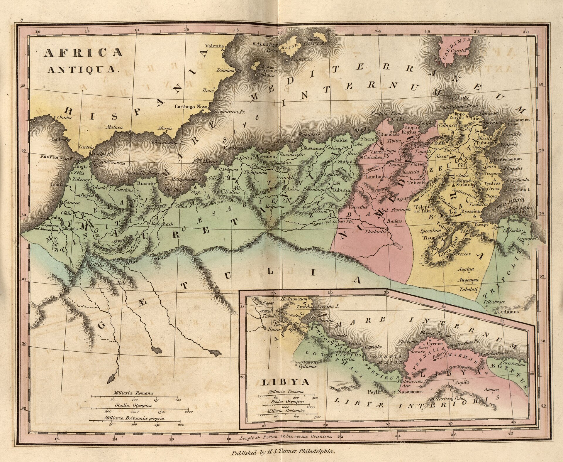 Nineteenth-century historical atlas map titled Africa Antiqua showing Roman North African provinces and coastal cities along the Mediterranean