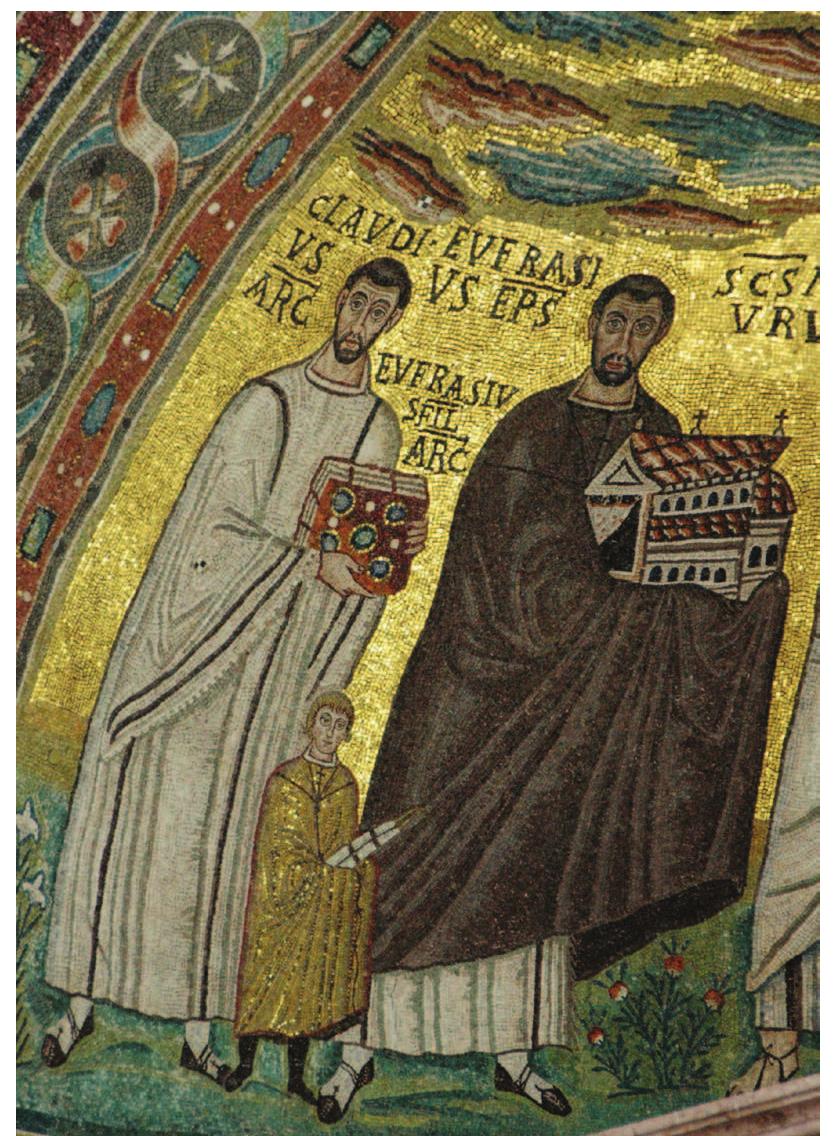 Sixth-century Byzantine mosaic of Bishop Euphrasius holding a model of the Euphrasian Basilica, beside Claudius the archdeacon, against a gold background