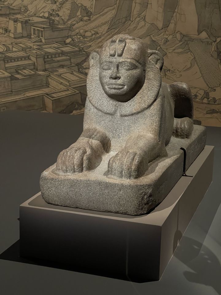 Granite sphinx of the Kushite pharaoh Taharqa on display in a museum