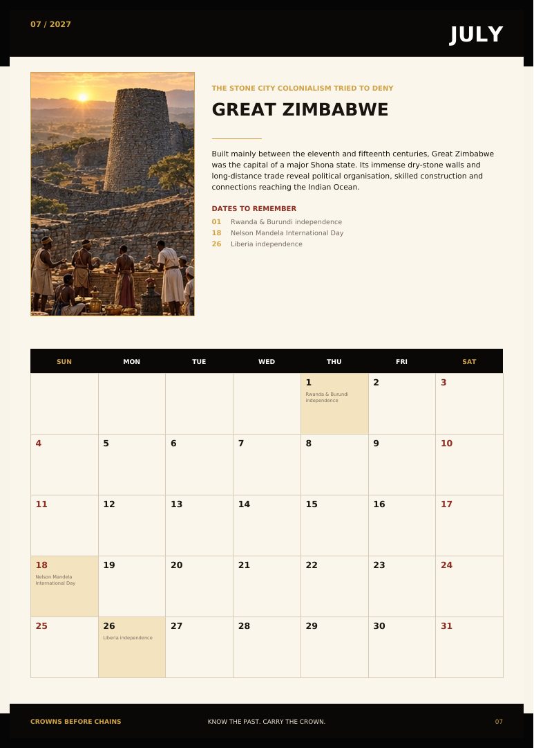 Sample page: July — Great Zimbabwe