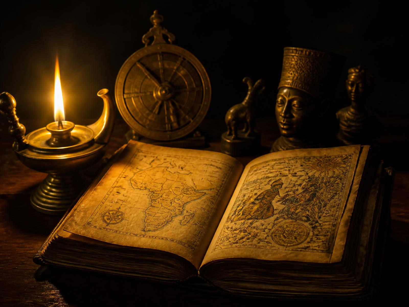 Ancient manuscripts under warm lamplight